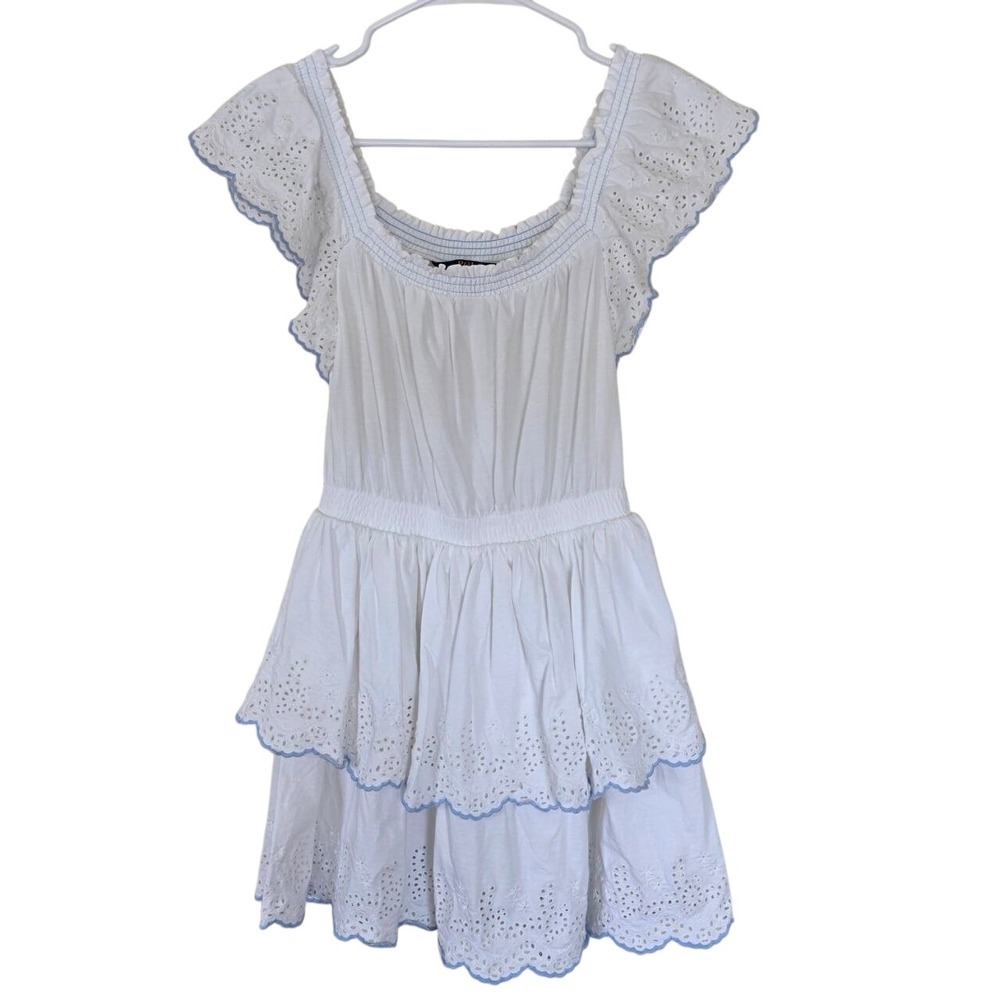Polo Ralph Lauren Girls White Eyelet Tiered Smocked Dress Blue Trim M 8-10